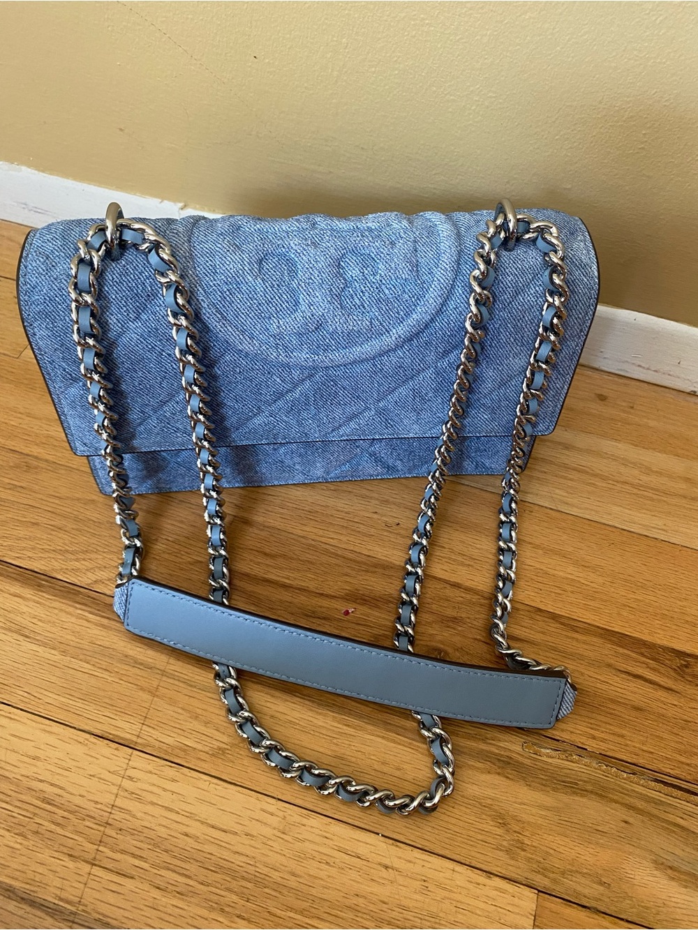 Tory Burch small Fleming shoulder bag. Quilted suede denim. Silver strap